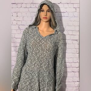 Women’s white, black, and grey loose knit hooded V-neck sweater